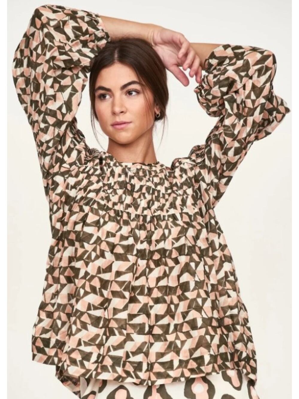 Mirth Pure Cotton Long Sleeve Pintuck Top Light Pink Green Geo Print Size Medium